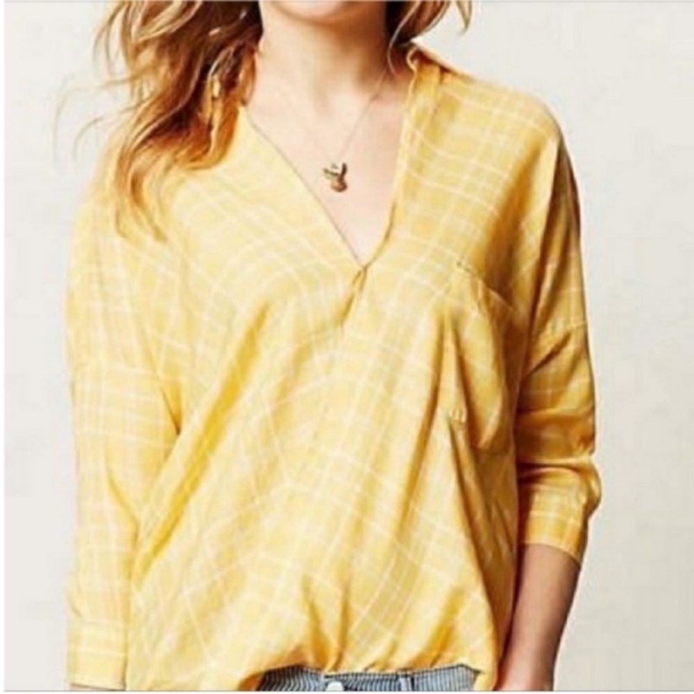 Holding Horses Anthropologie shirt yellow white plaid faux wrap high low